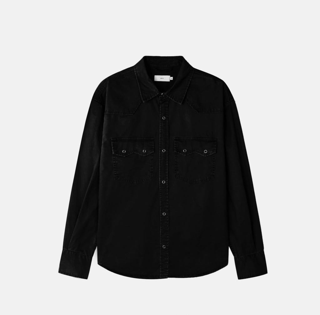 Khaki men's washed cotton western snap shirt, front view