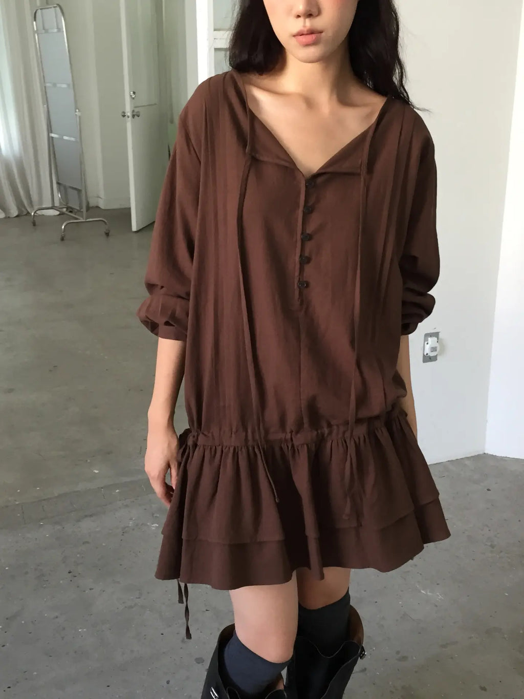 Button Front Drawstring Ruffle Mini Dress