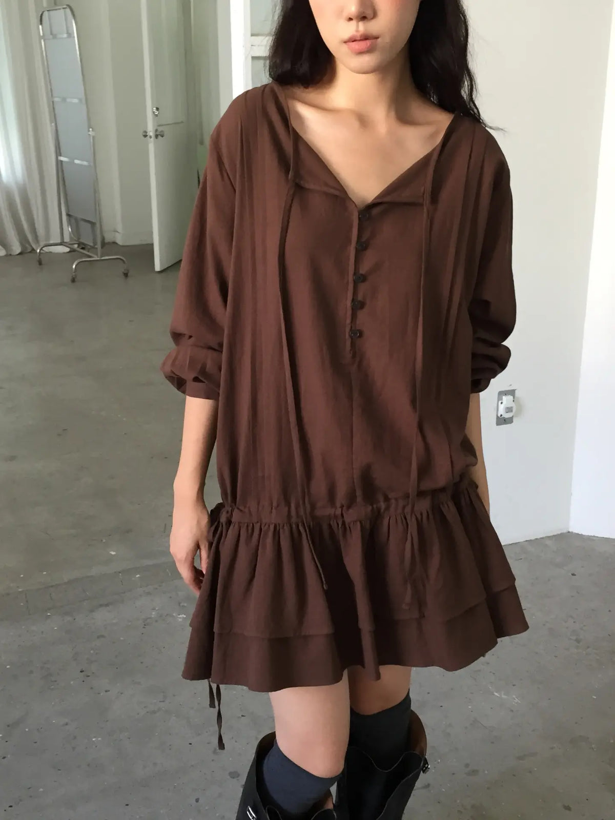 Button Front Drawstring Ruffle Mini Dress