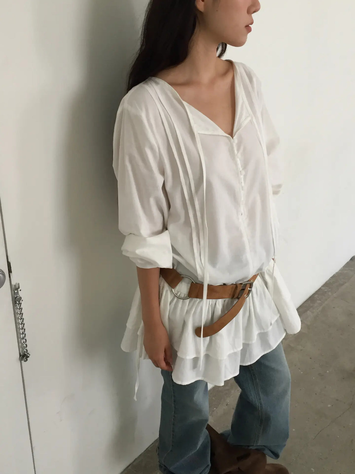 Button Front Drawstring Ruffle Mini Dress