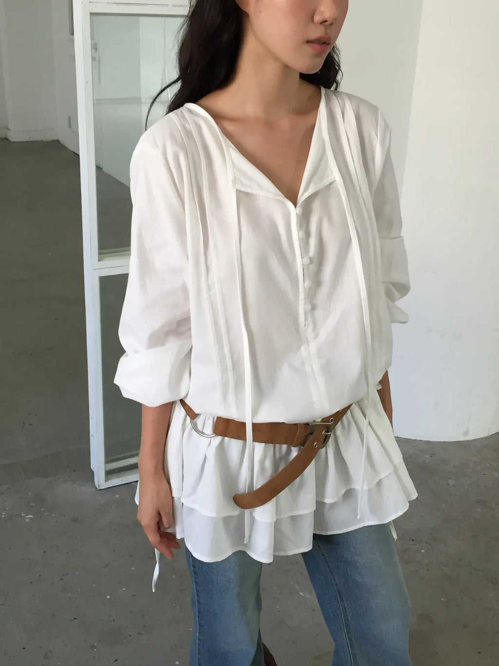 Button Front Drawstring Ruffle Mini Dress