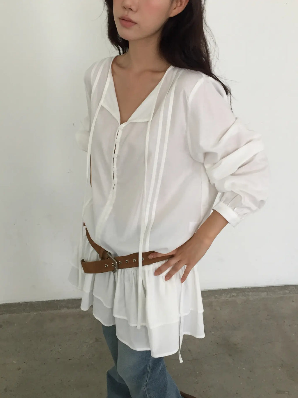 Button Front Drawstring Ruffle Mini Dress