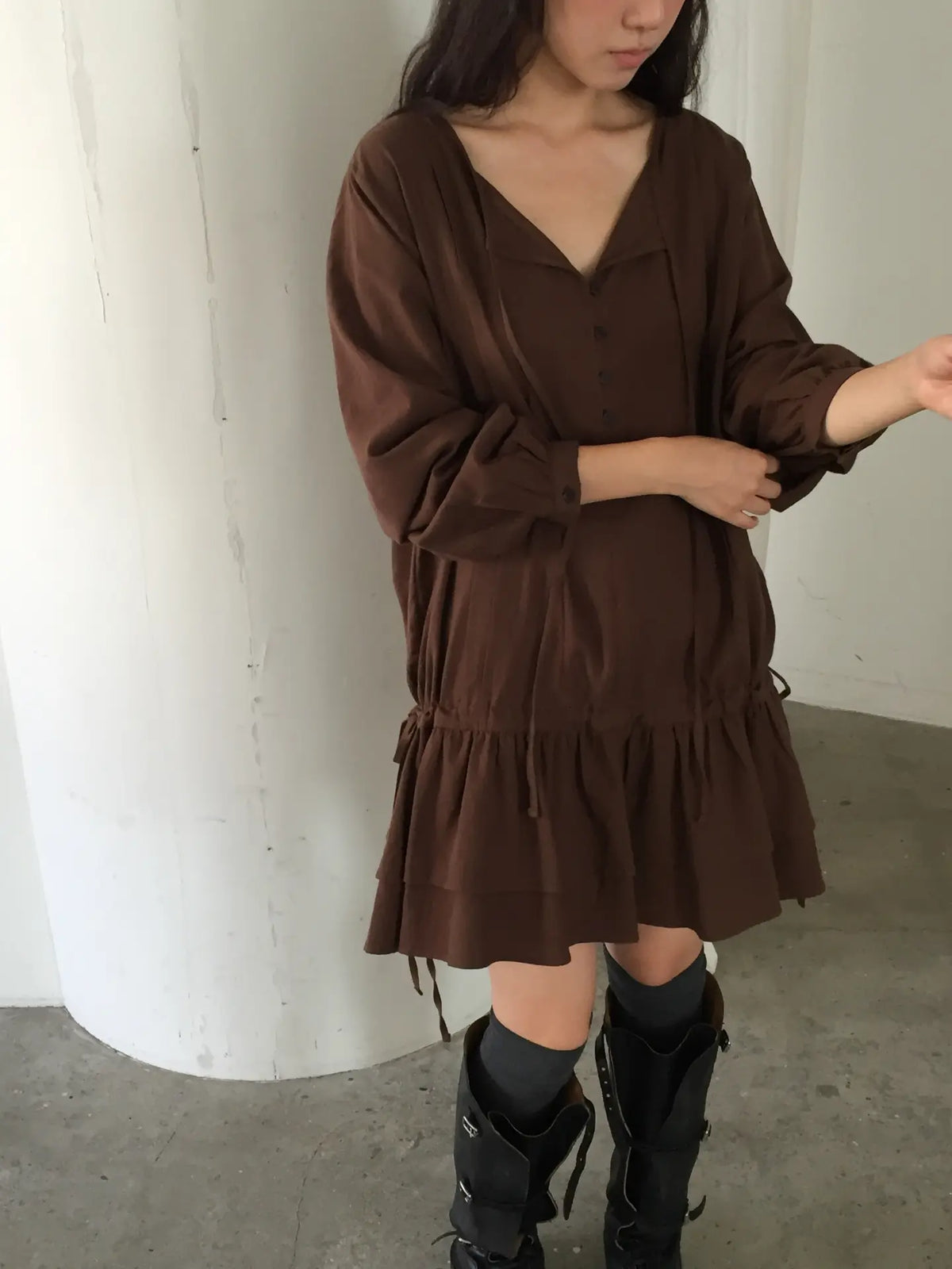 Button Front Drawstring Ruffle Mini Dress