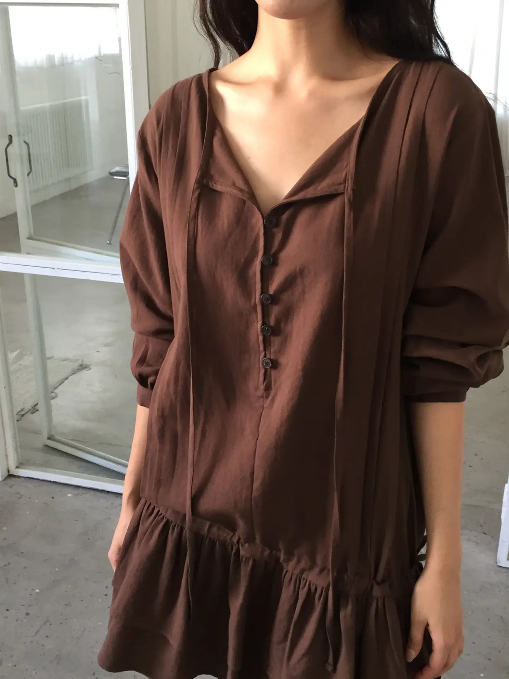 Button Front Drawstring Ruffle Mini Dress