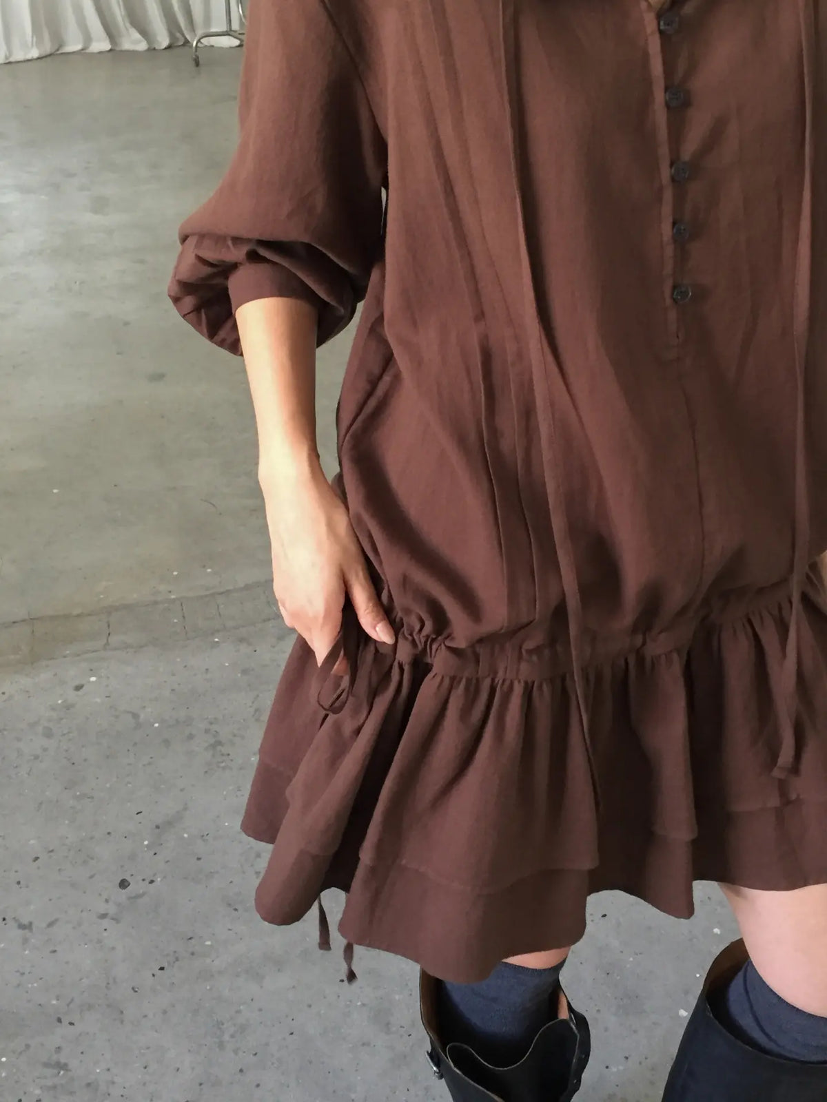 Button Front Drawstring Ruffle Mini Dress