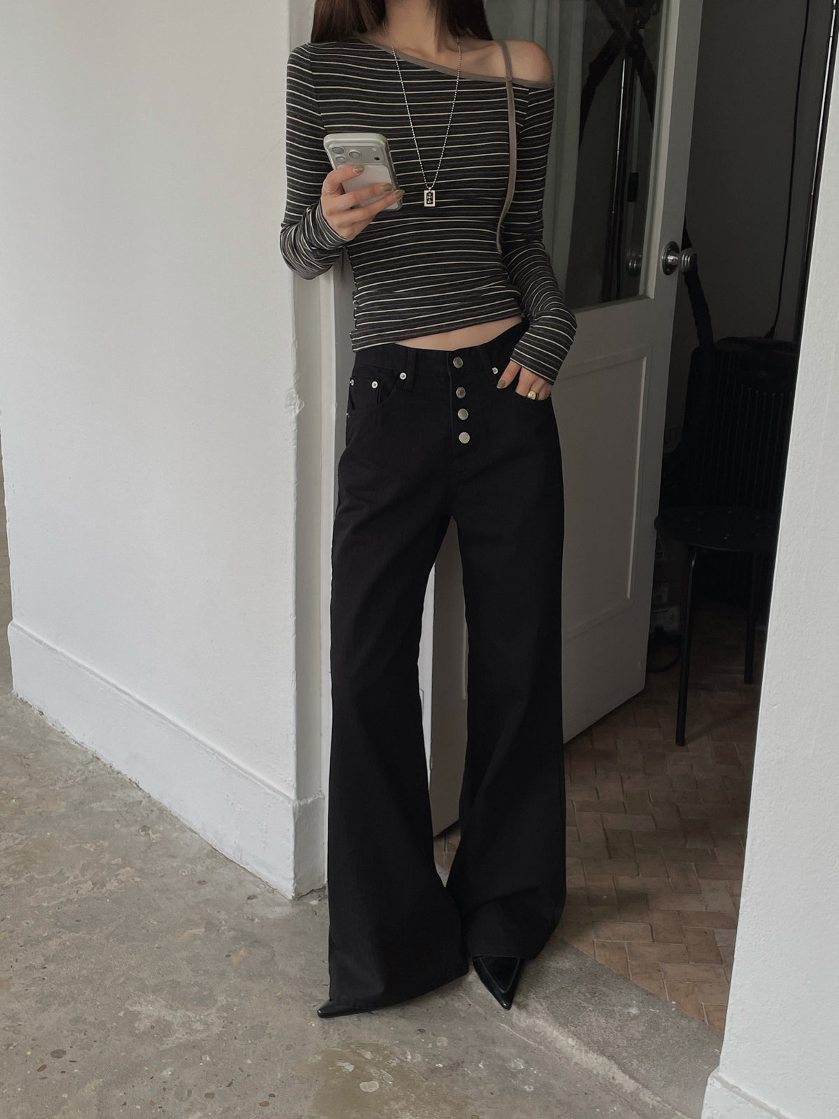 High Waist Button Fly Wide Straight Jeans