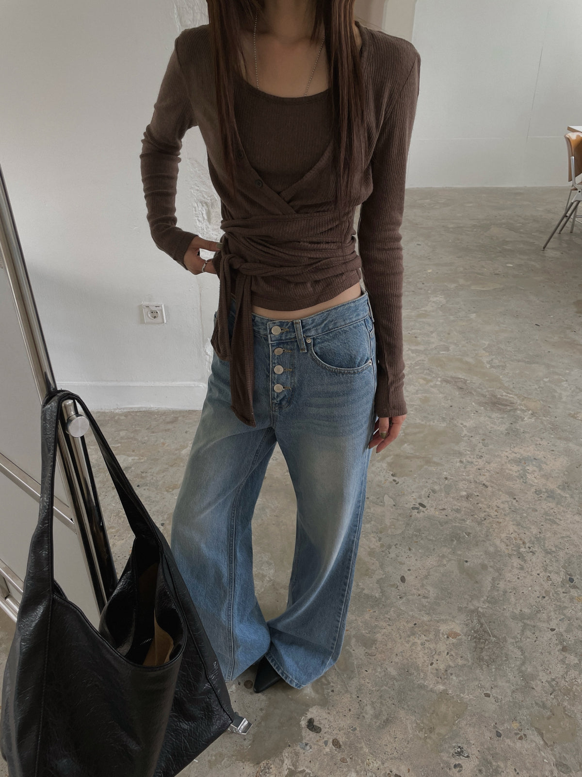 High Waist Button Fly Wide Straight Jeans