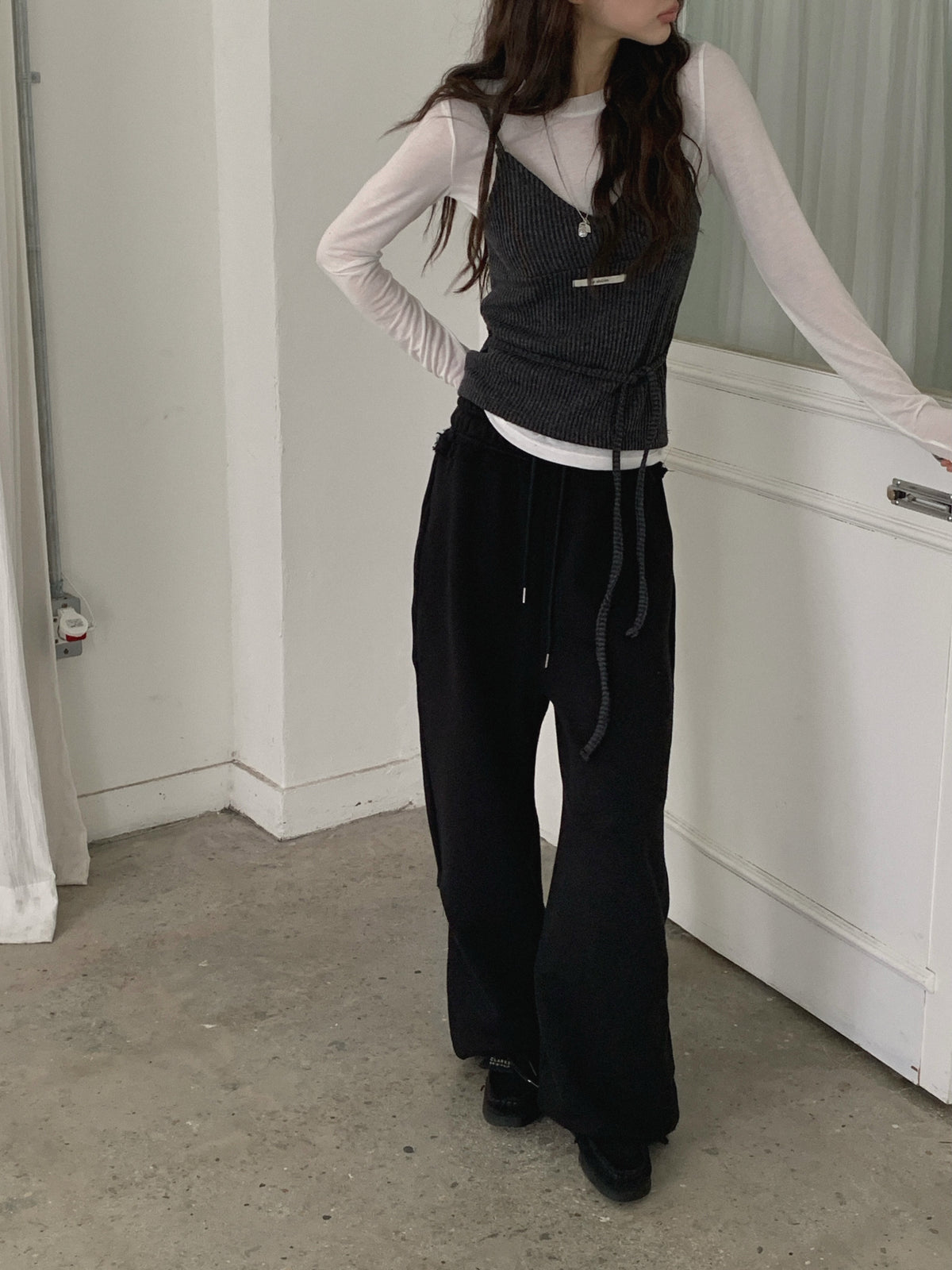 Lace Trim Drawstring Wide Leg Sweat Pants