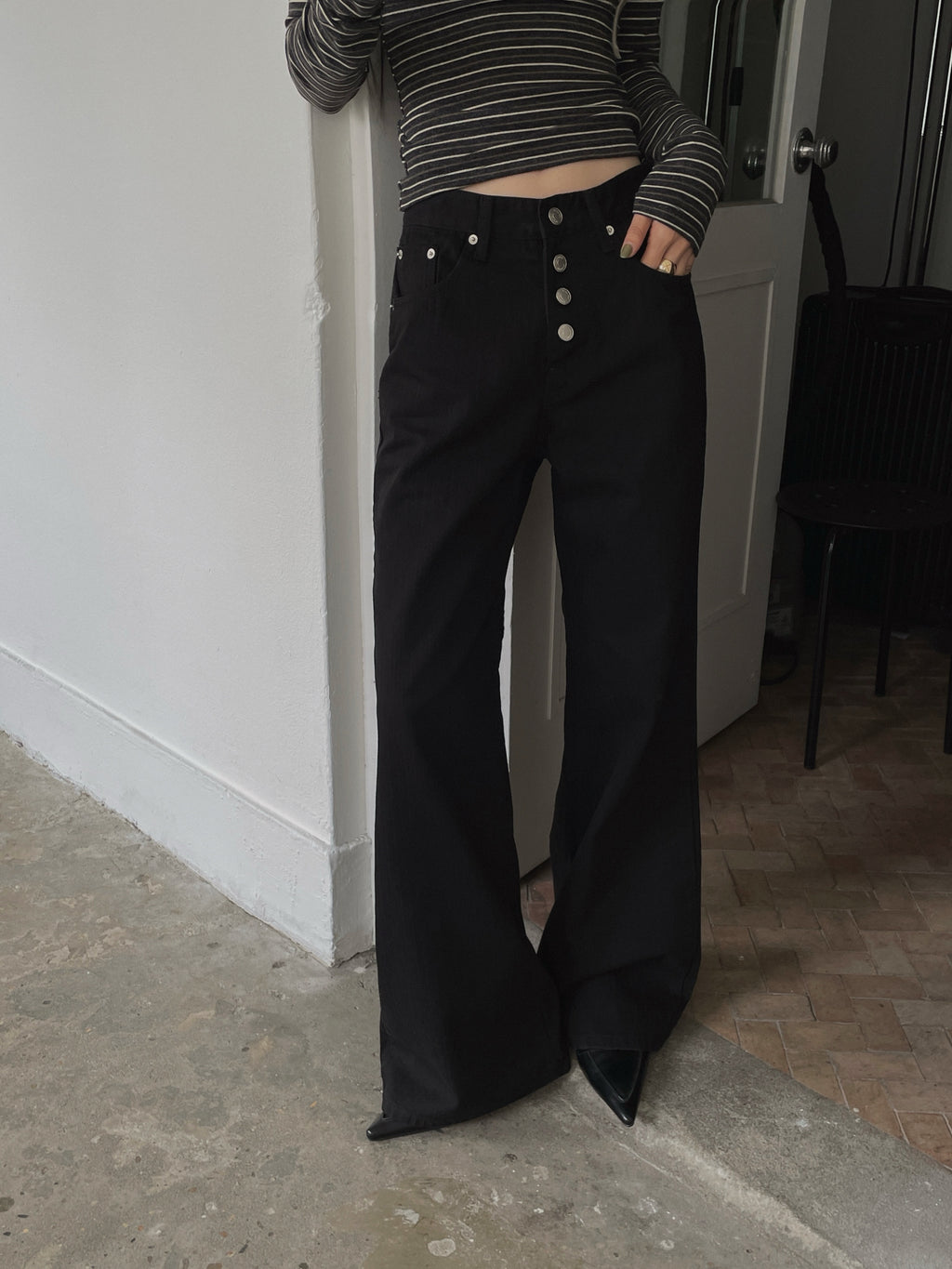 High Waist Button Fly Wide Straight Jeans
