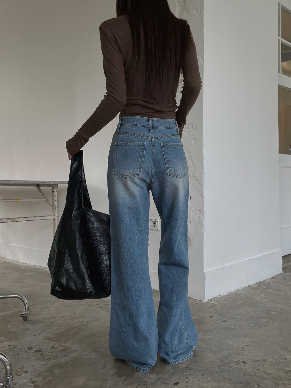 High Waist Button Fly Wide Straight Jeans