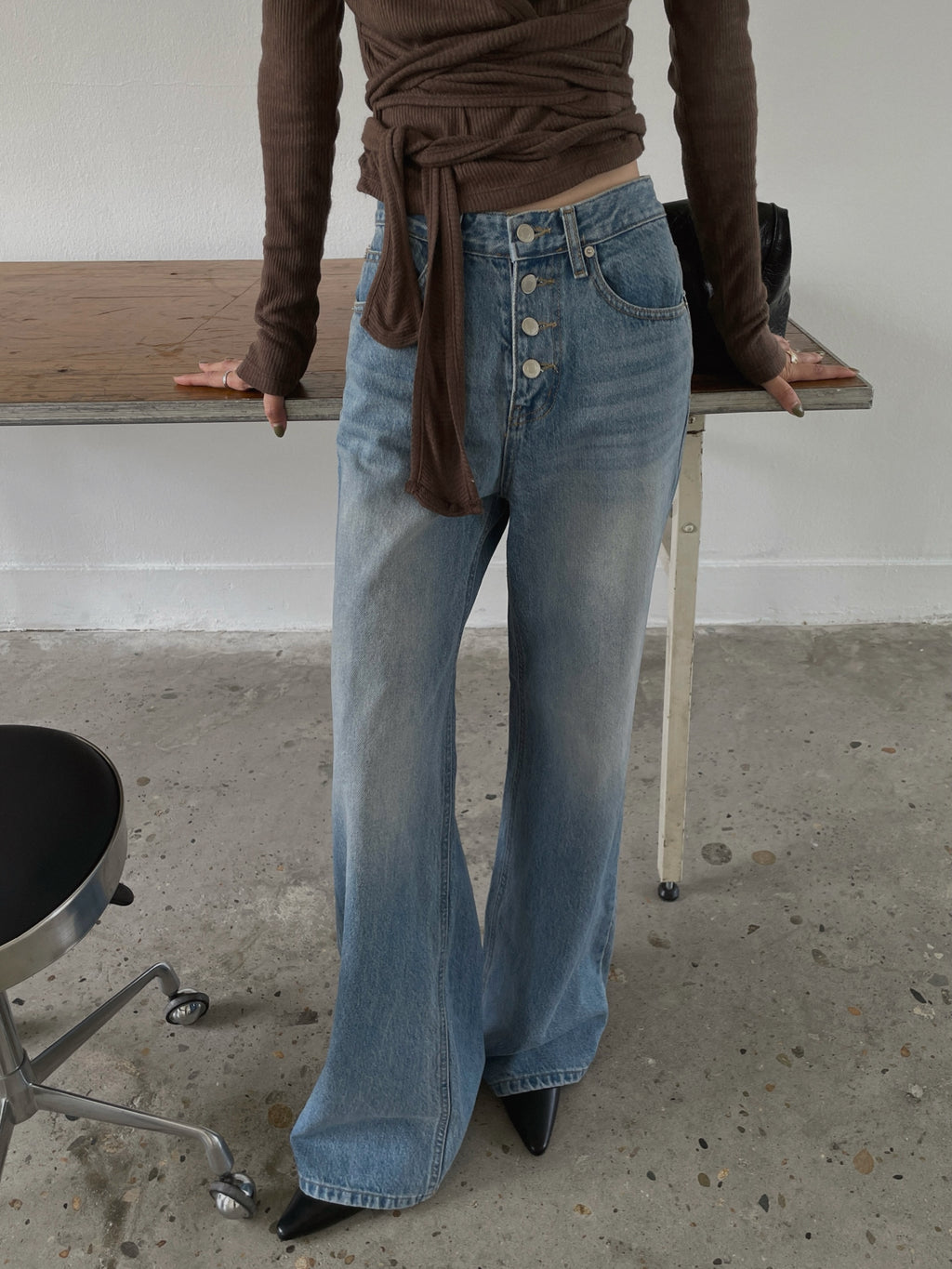 High Waist Button Fly Wide Straight Jeans