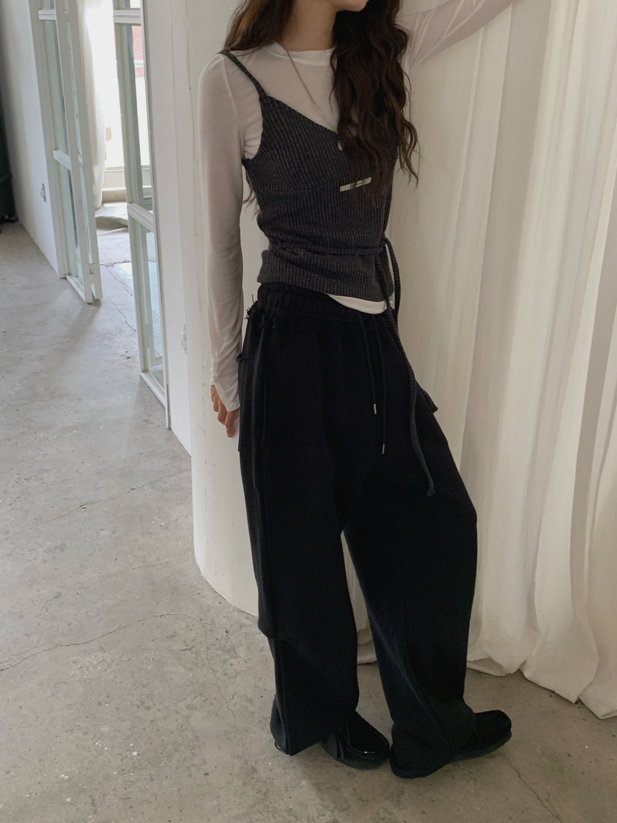Lace Trim Drawstring Wide Leg Sweat Pants
