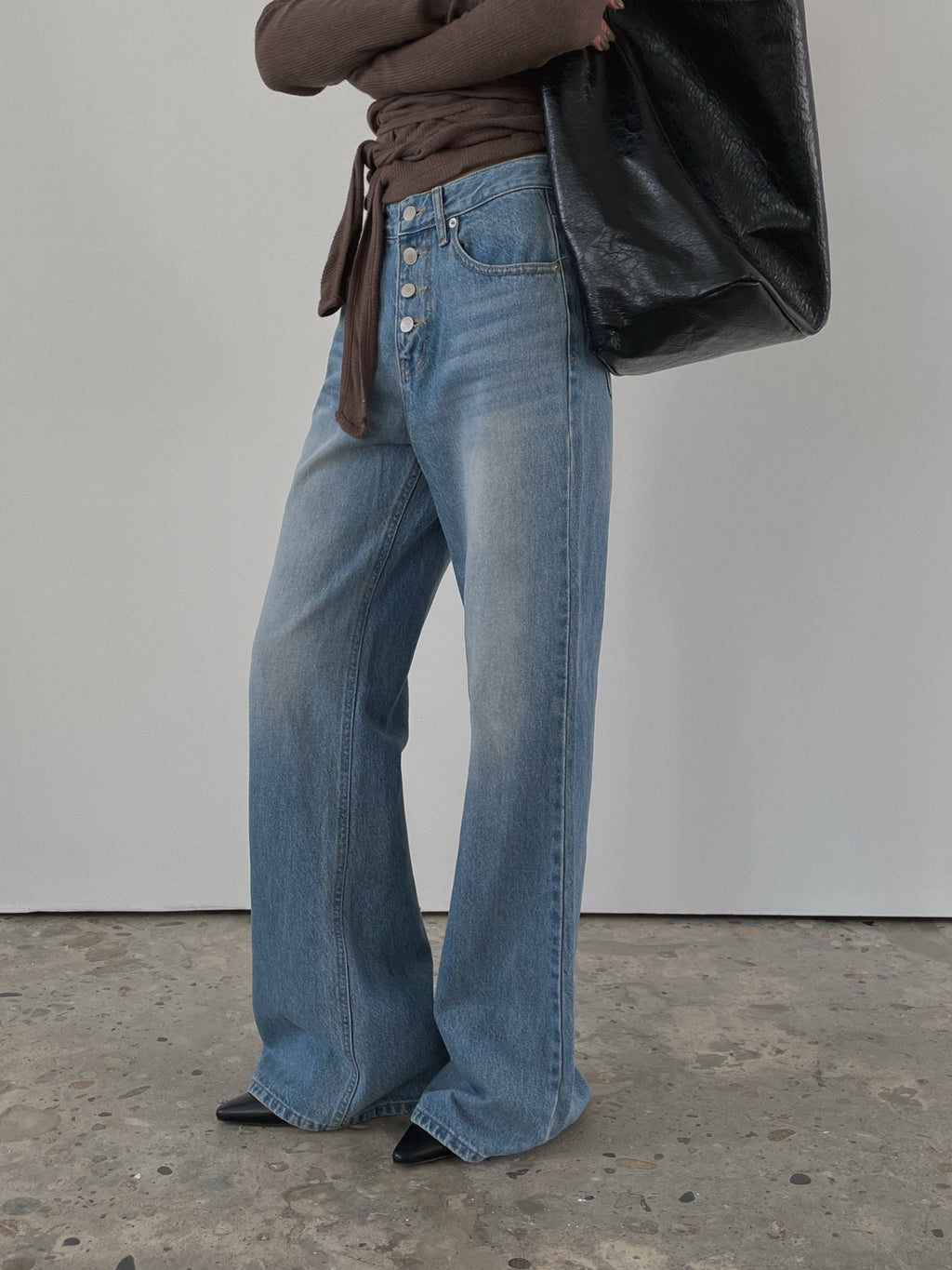 High Waist Button Fly Wide Straight Jeans