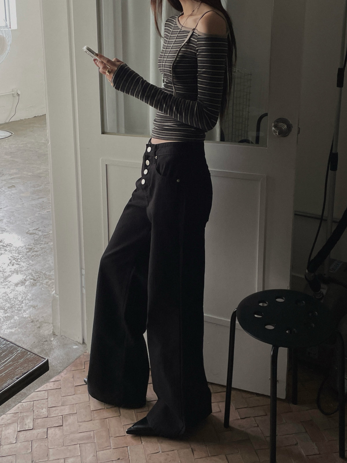 High Waist Button Fly Wide Straight Jeans