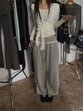 Lace Trim Drawstring Wide Leg Sweat Pants