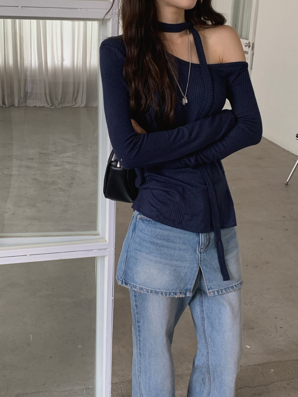 Off Shoulder Choker Strap Ribbed Knit Top