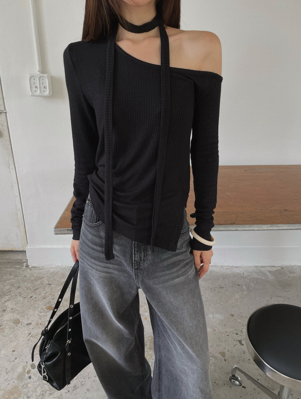 Off Shoulder Choker Strap Ribbed Knit Top