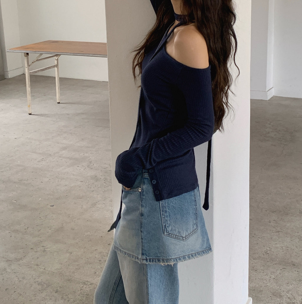 Off Shoulder Choker Strap Ribbed Knit Top