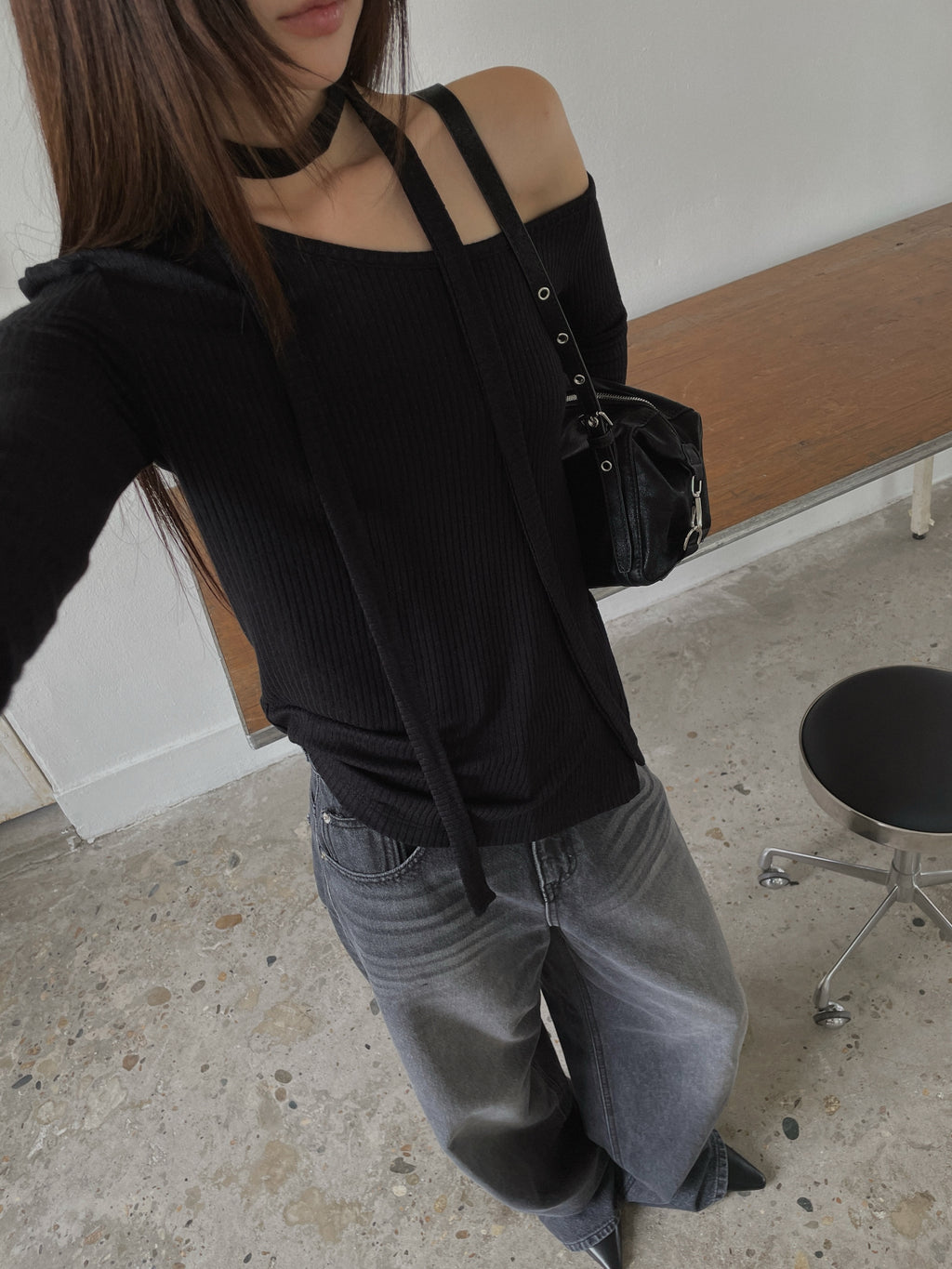 Off Shoulder Choker Strap Ribbed Knit Top