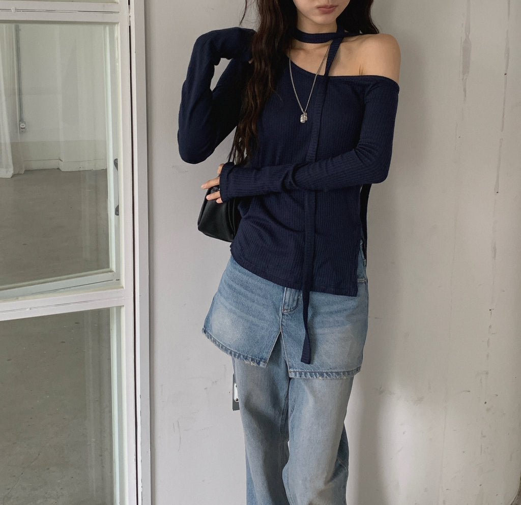 Off Shoulder Choker Strap Ribbed Knit Top