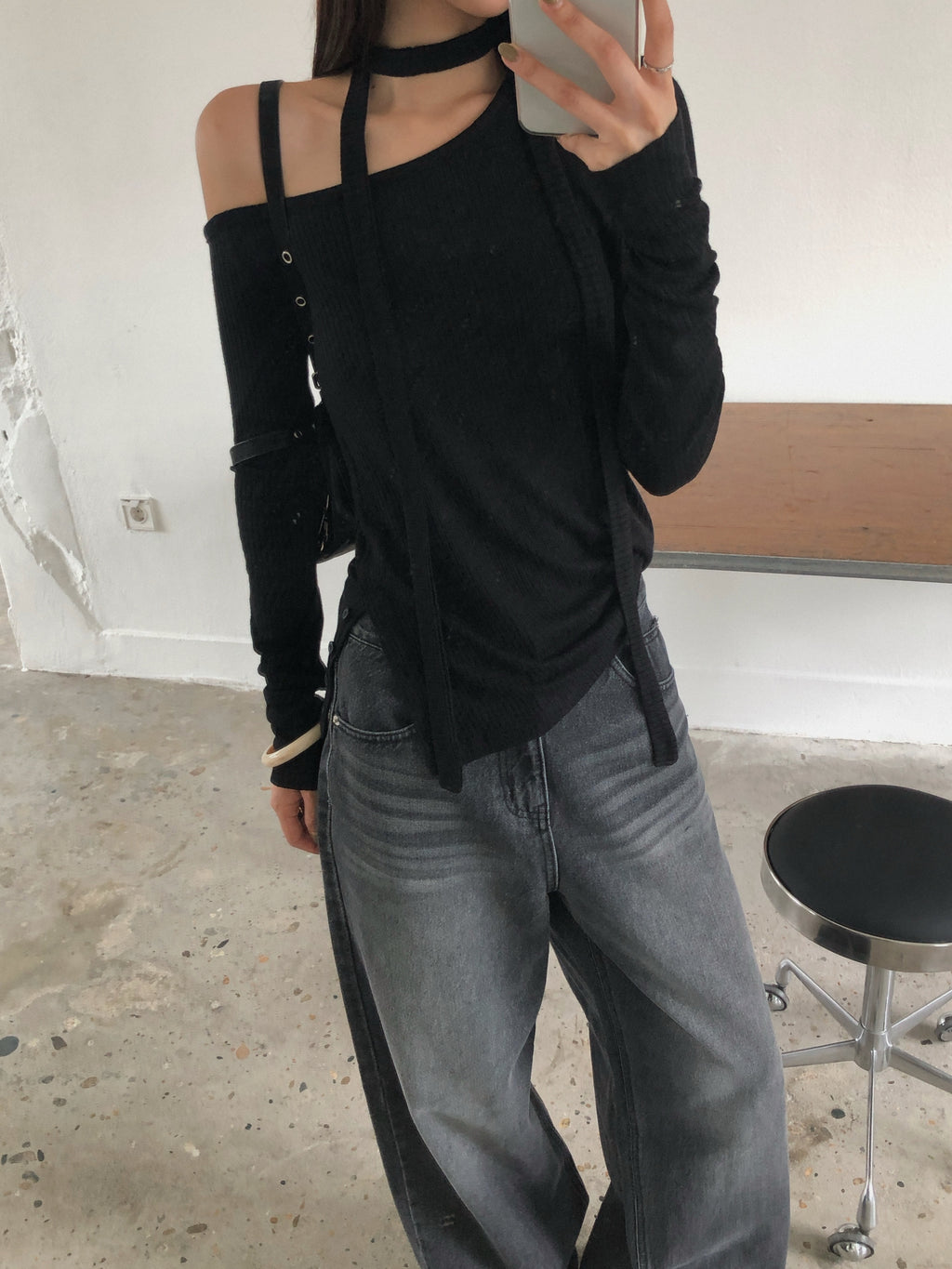 Off Shoulder Choker Strap Ribbed Knit Top