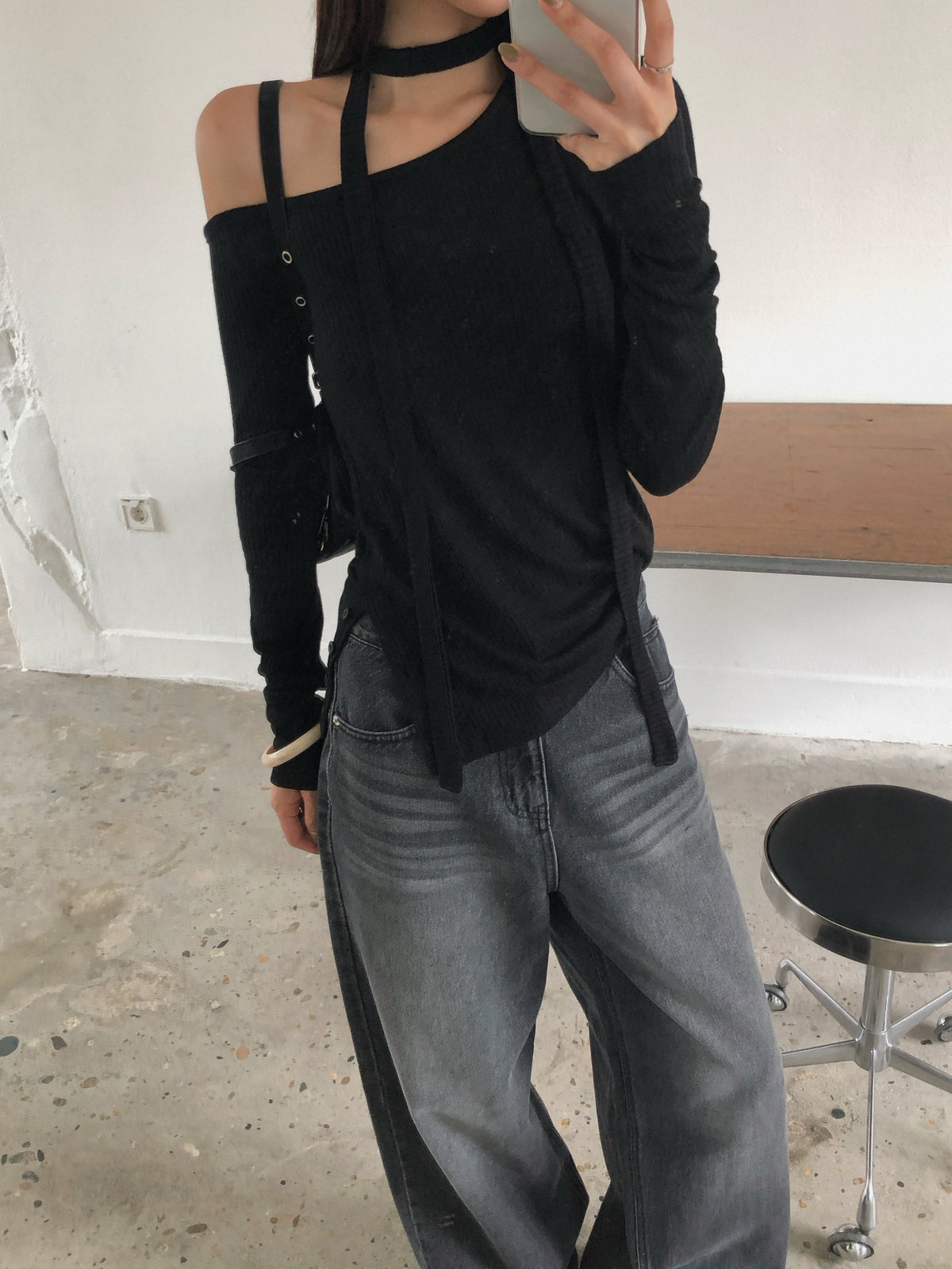 Off Shoulder Choker Strap Ribbed Knit Top