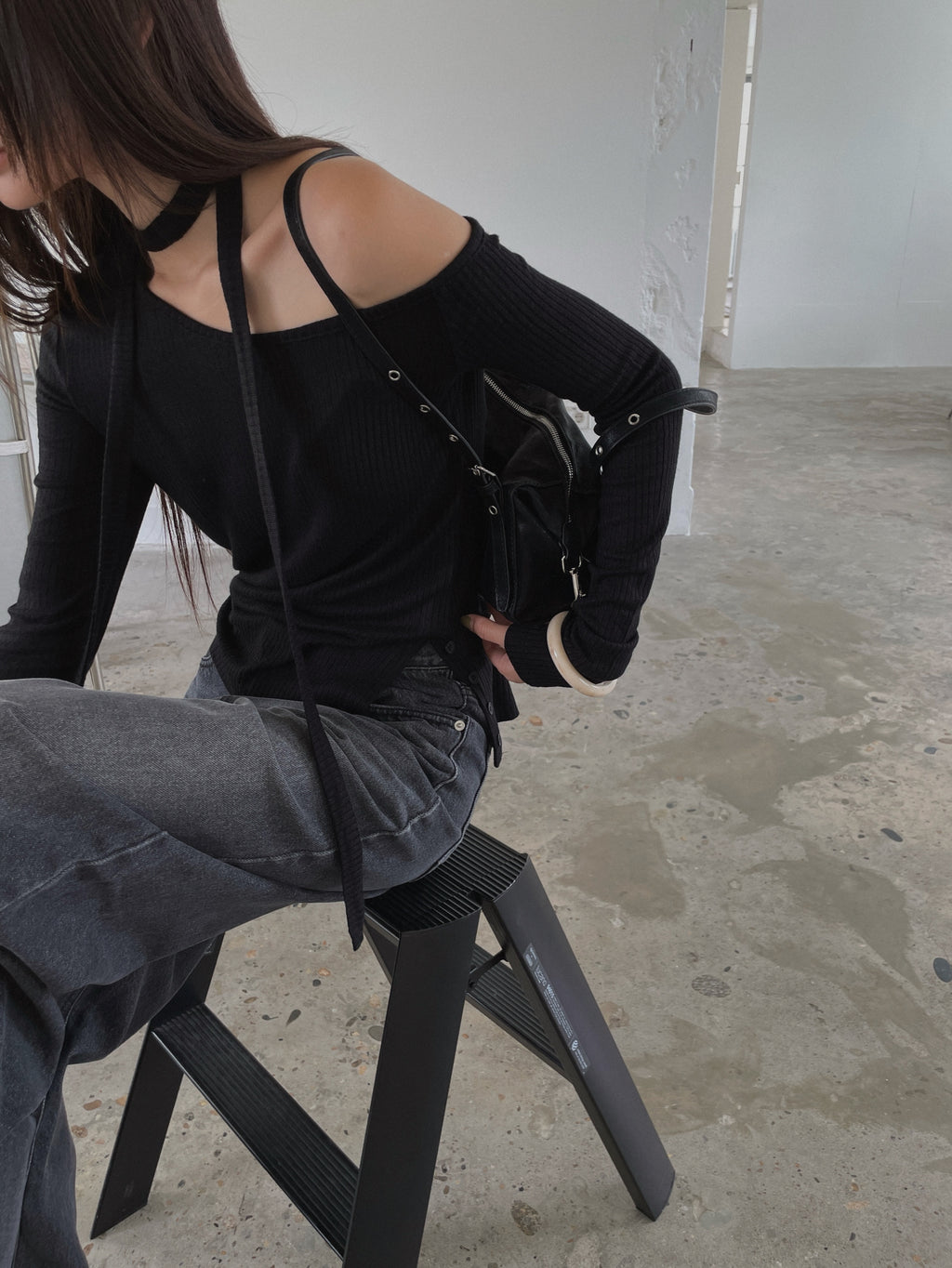 Off Shoulder Choker Strap Ribbed Knit Top