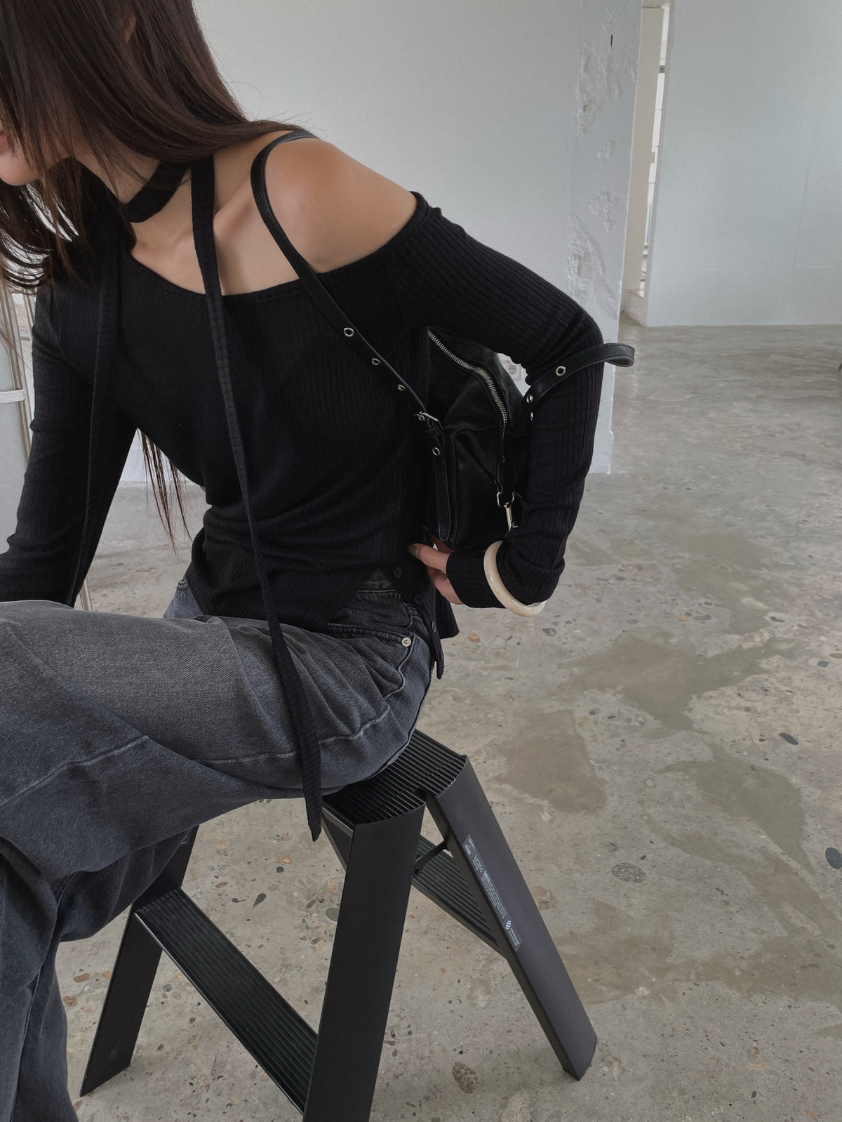 Off Shoulder Choker Strap Ribbed Knit Top