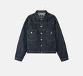 Buttoned cuff and contrast stitching on a raw indigo cotton denim jacket