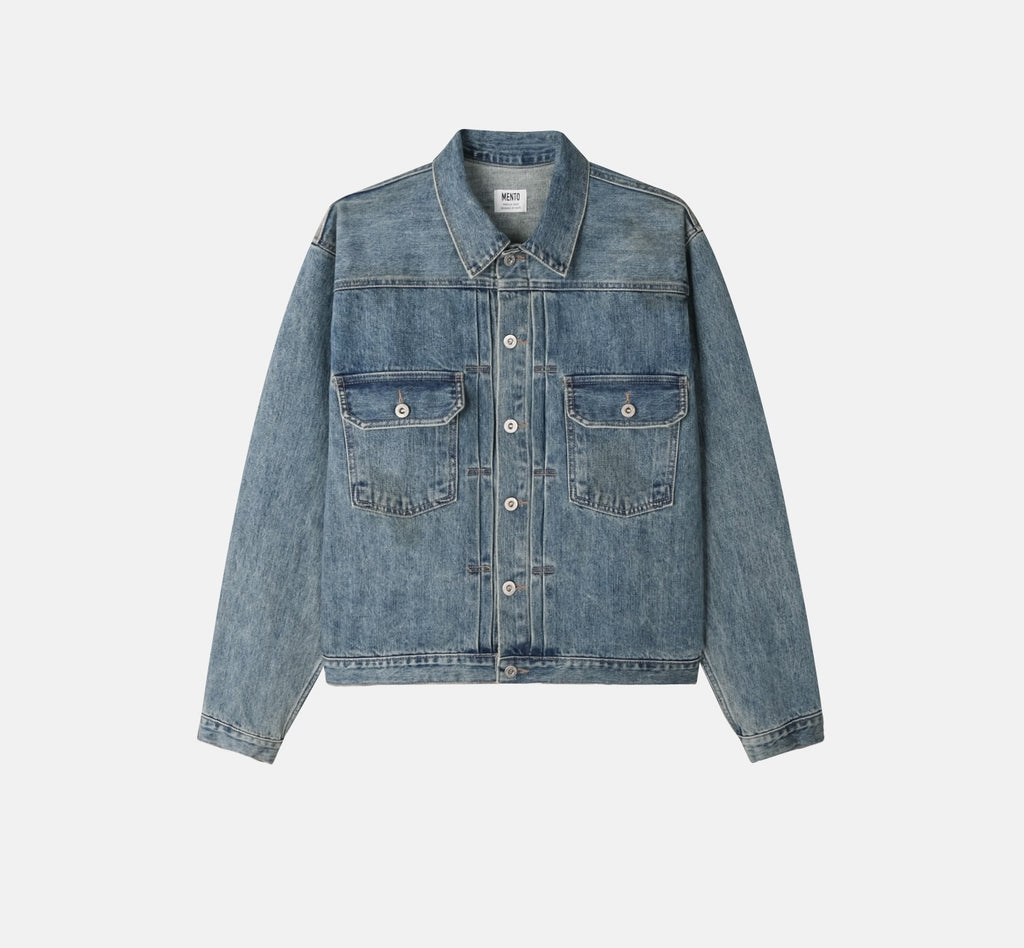 Close-up of mid-blue 100% cotton denim fabric