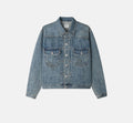 Close-up of mid-blue 100% cotton denim fabric