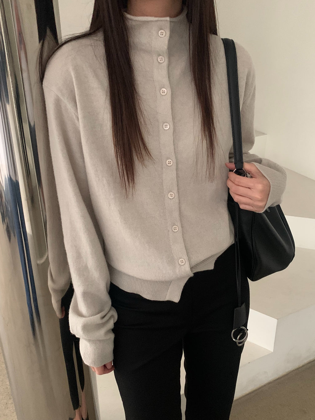 Half Turtleneck Button Front Cropped Knit Cardigan