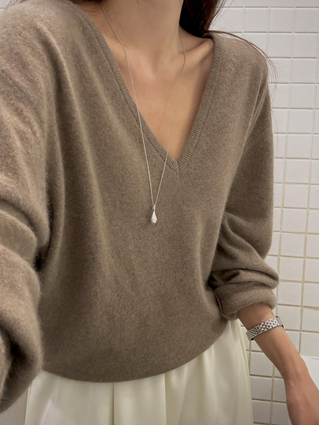 V-Neck Racoon Knit Sweater Grey front