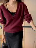 V-Neck Racoon Knit Sweater Grey full body