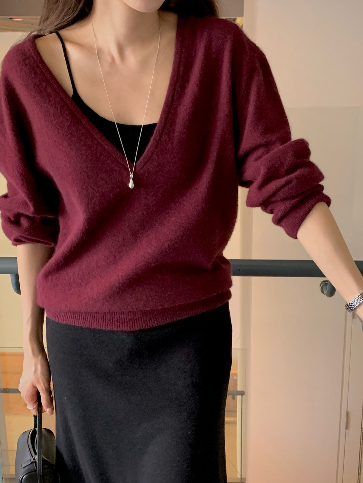 V-Neck Racoon Knit Sweater Grey full body
