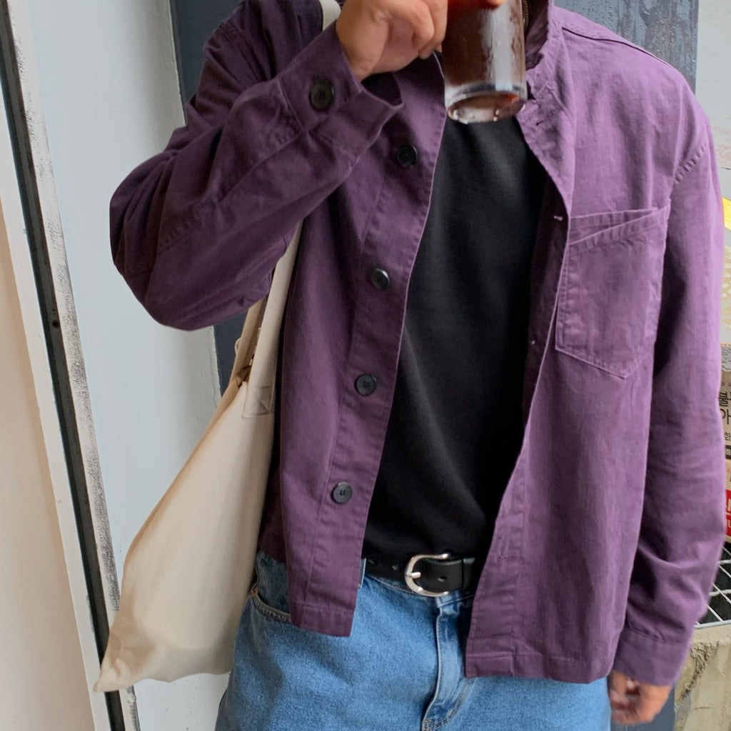 Purple men's herringbone cotton shirt jacket styled with jeans