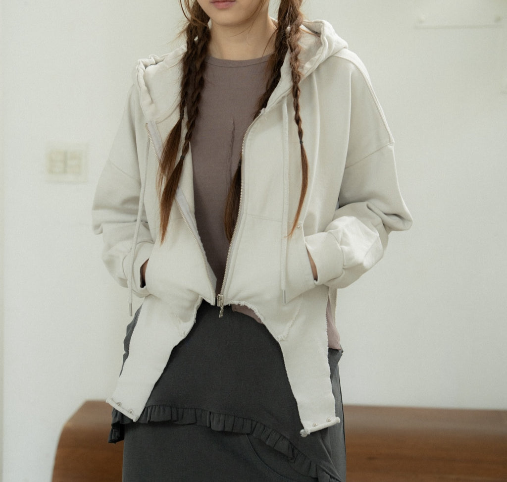 Fringe Hem Hooded Zip-Up Jacket