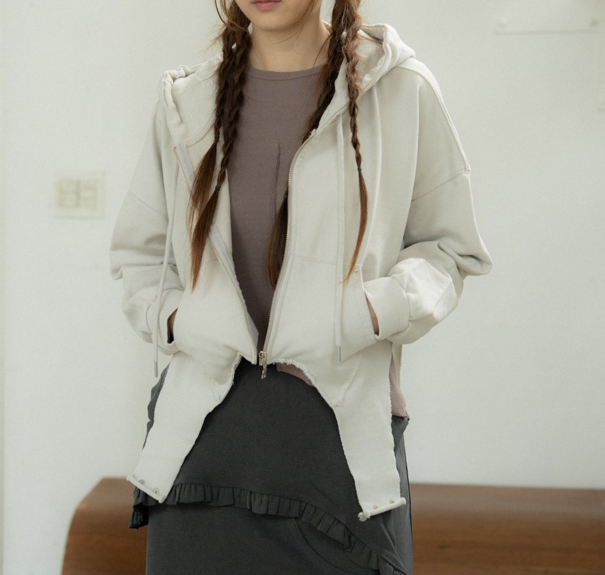 Fringe Hem Hooded Zip-Up Jacket