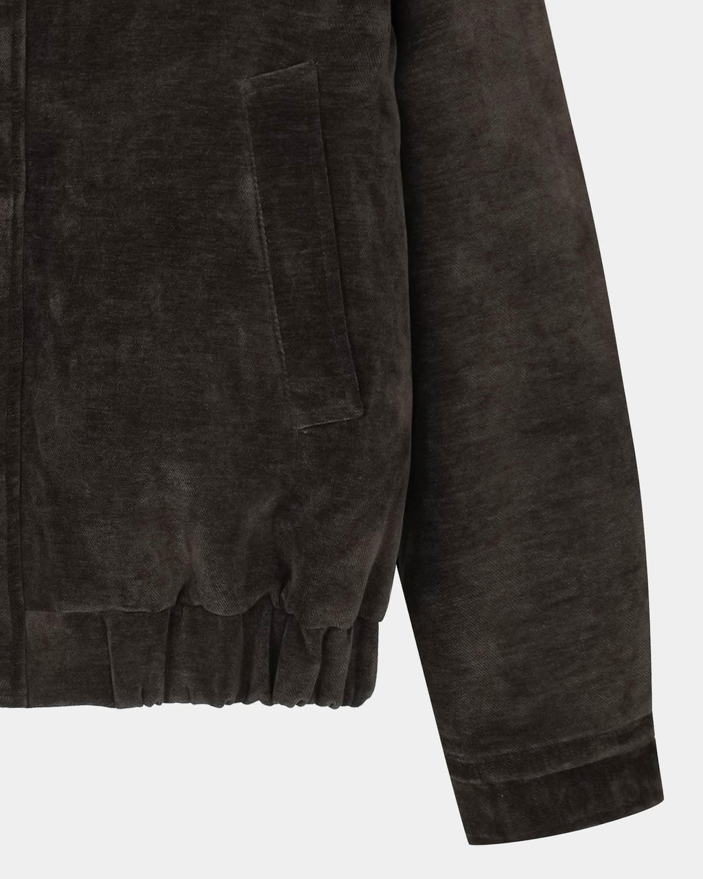 Open brown velvet blouson jacket showing 3oz padded lining and two-way zip