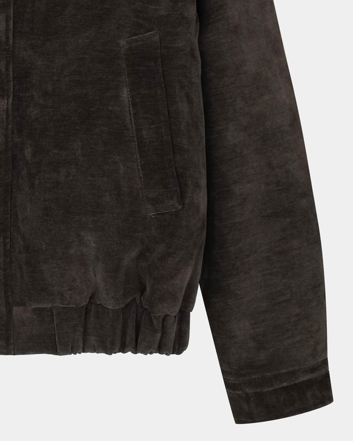 Open brown velvet blouson jacket showing 3oz padded lining and two-way zip