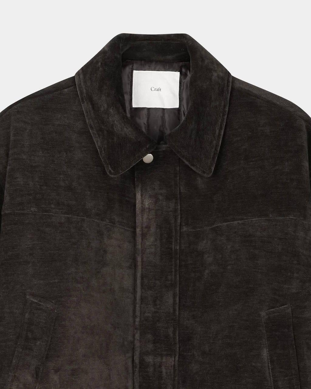 Brown velvet blouson jacket collar and front placket detail