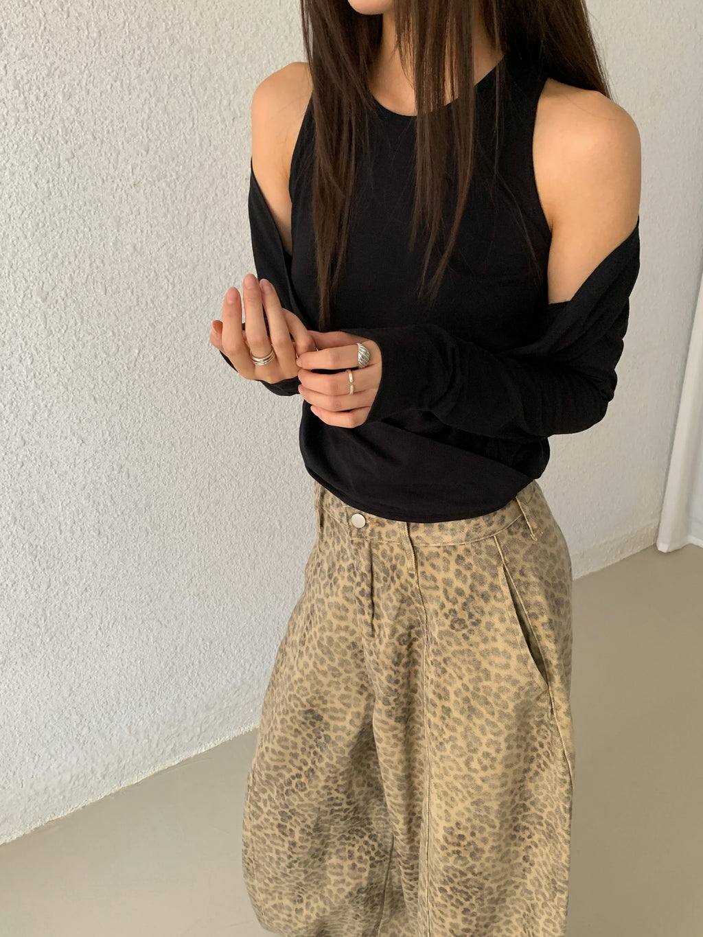 Leopard Print Wide-Leg Pants upper body close-up waist detail