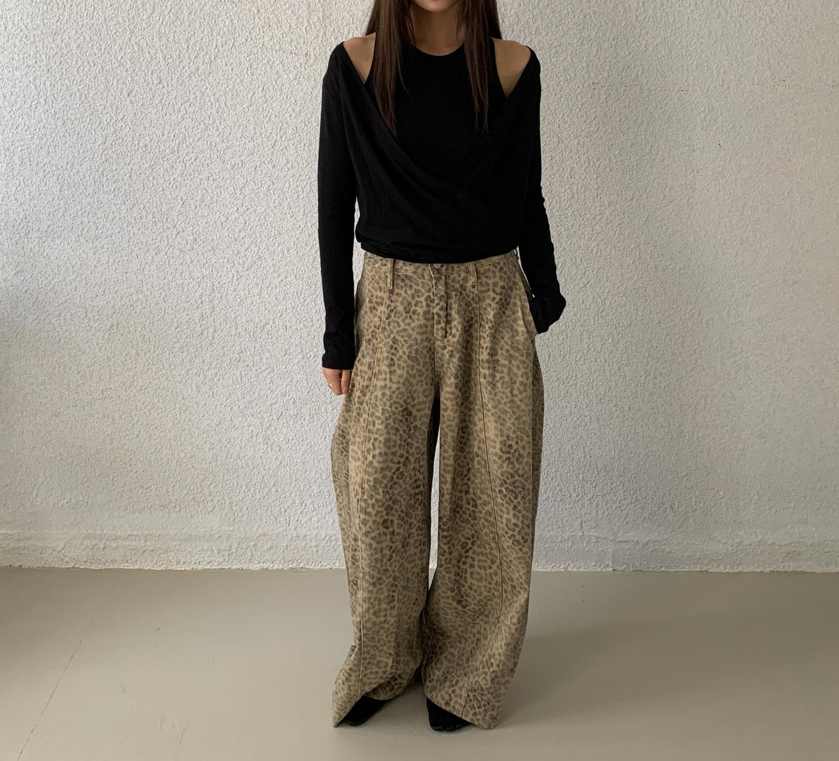 Leopard Print Wide-Leg Pants full body lifestyle shot styled