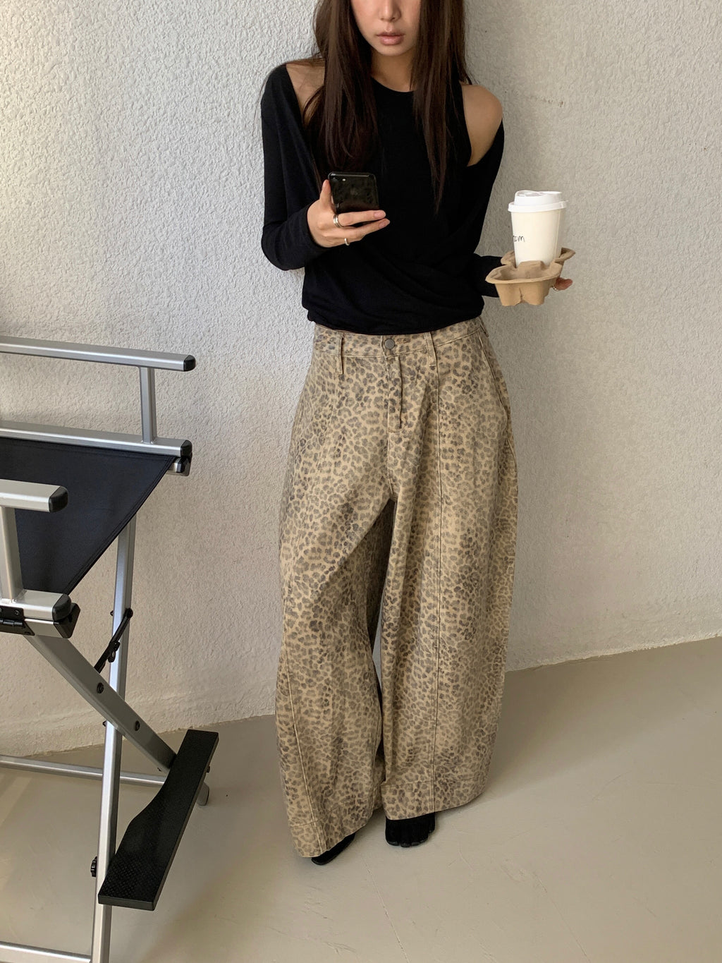 Leopard Print Wide-Leg Pants full body front view styled with black top