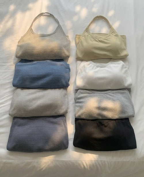 (2pack) Built-In Bra Pad Ribbed Halter Neck Crop Top