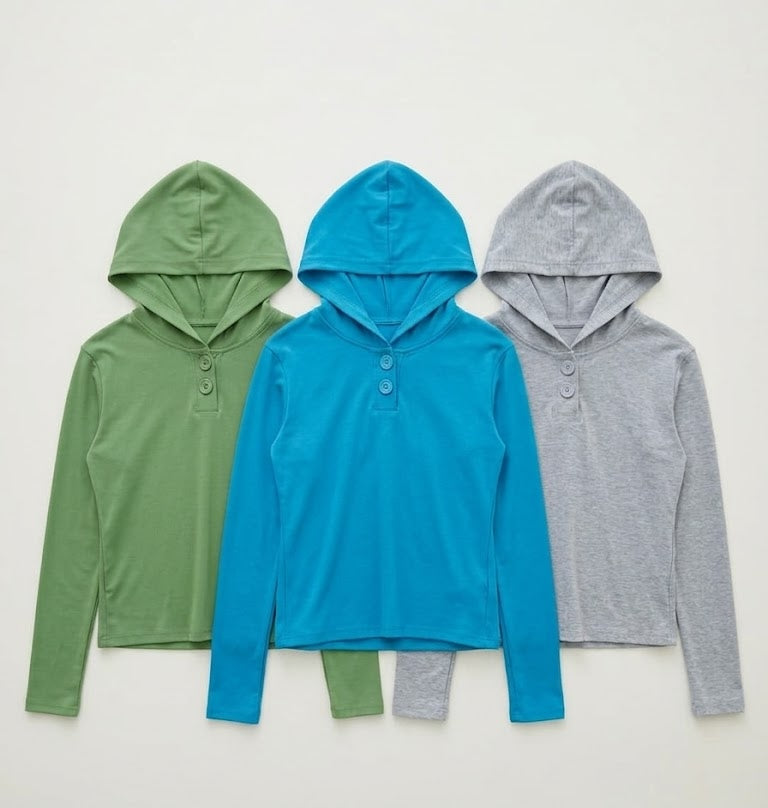 Excuse Two Botton Hooded Long Sleeve Top