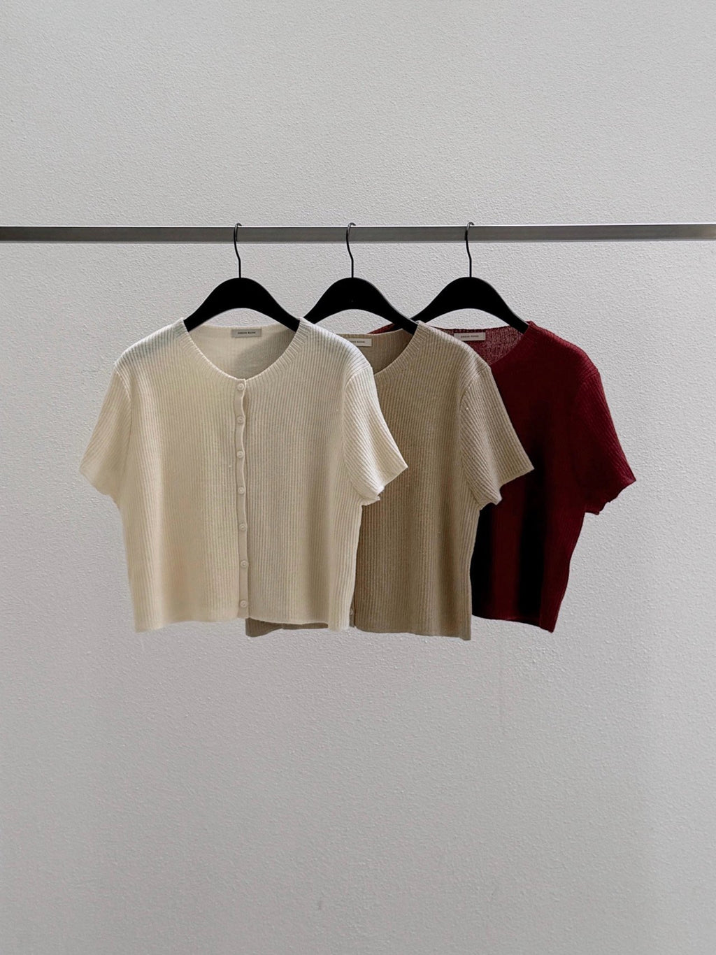 Round Neck Button Front Cropped Ribbed Short Sleeve Cardigan