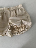 Vive L striped balloon shorts in Beige, flat lay detail showing elastic hem and button closure