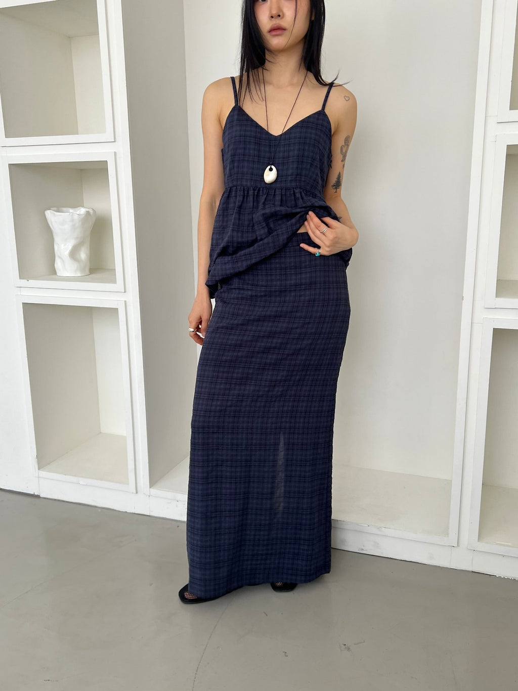 ASKHAKI Check Texture Spaghetti Strap Blouse and Maxi Skirt Set