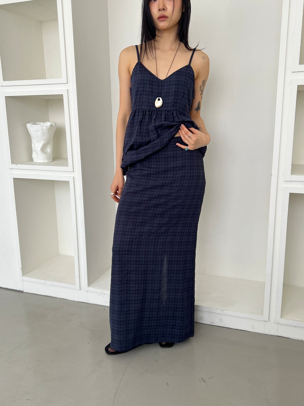 ASKHAKI Check Texture Spaghetti Strap Blouse and Maxi Skirt Set
